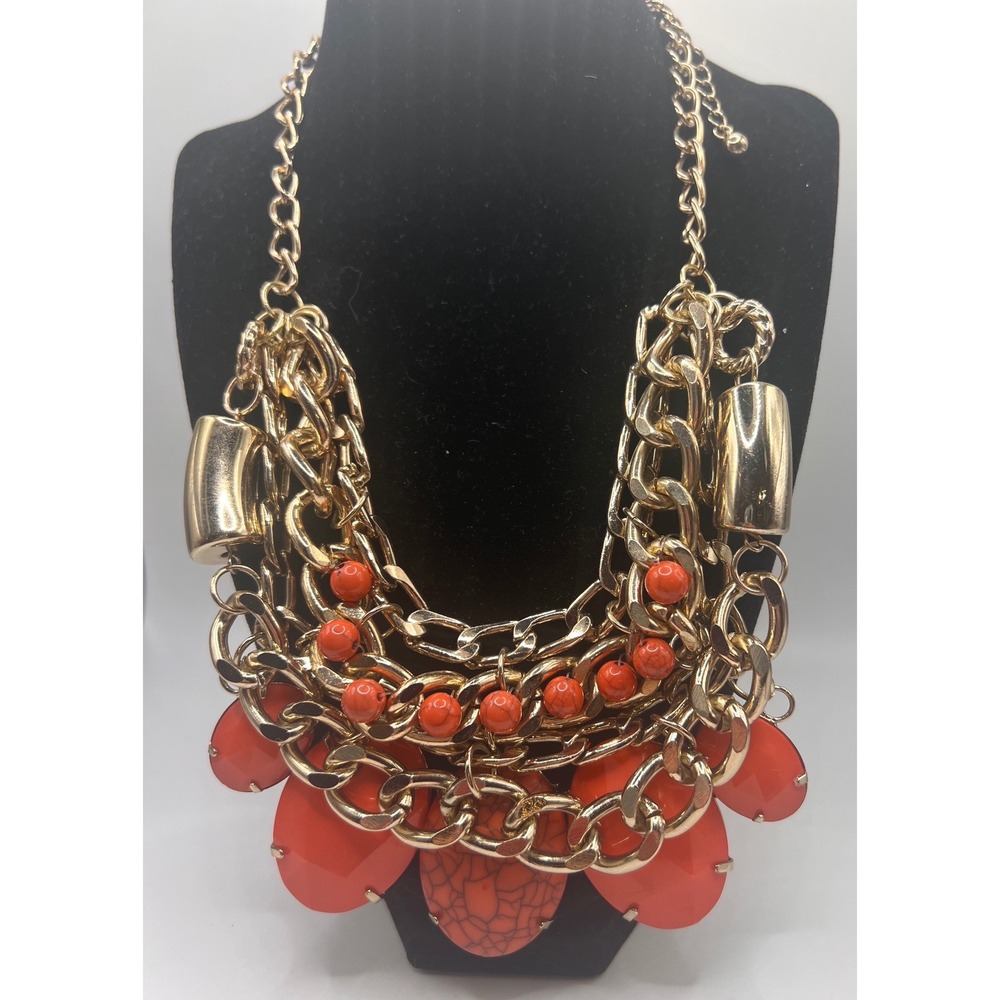 Statement Bib Necklace Gold Tone Chain Coral Orange‎ Teardrop Stones